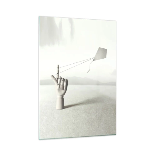 Impression sur verre - Image sur verre - Une main en bois tenant un cerf-volant flottant sur son doigt - 50x70cm - Épreuve de force - Décoration murale moderne pour le salon et la chambre ARTTOR