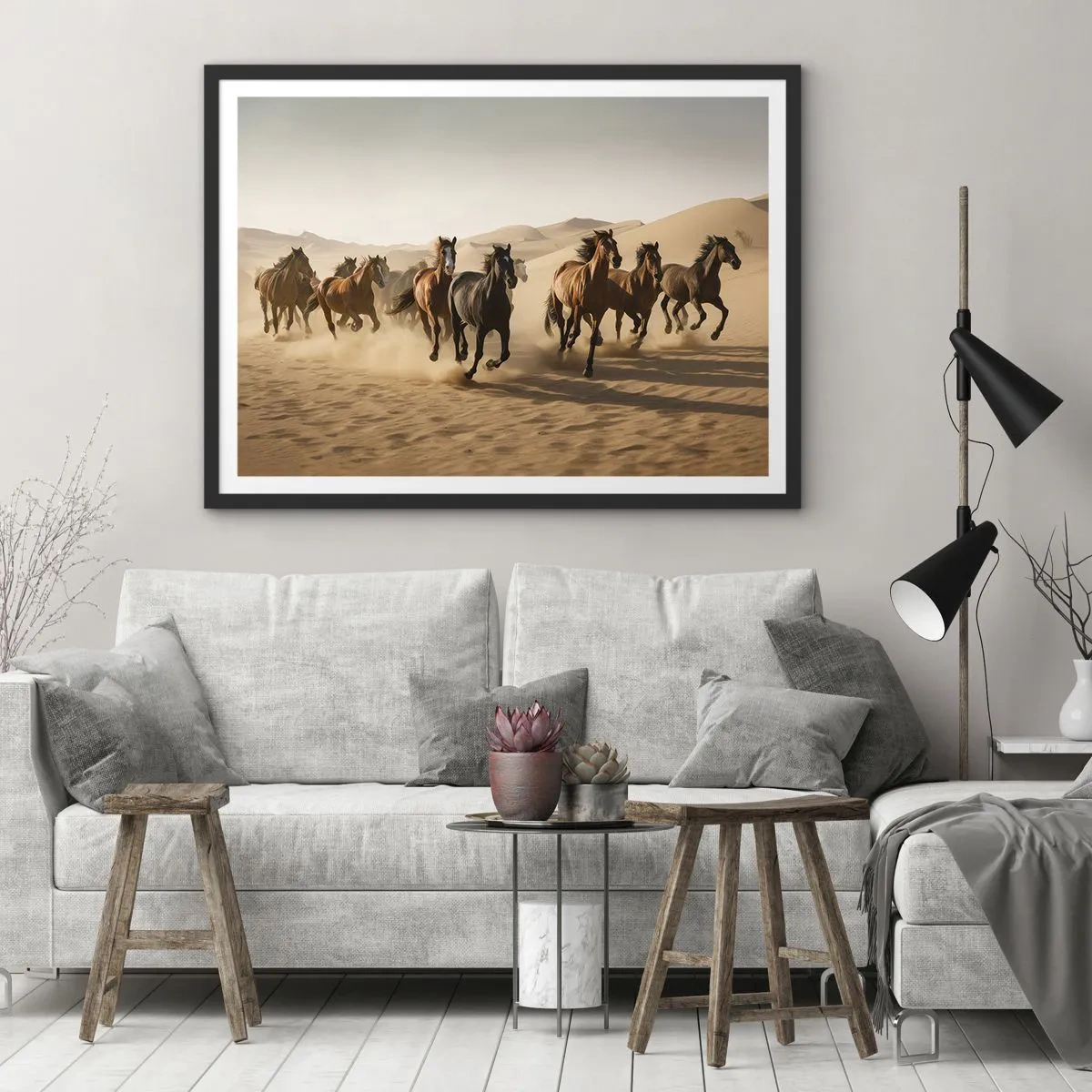 Affiche dans un cadre noir - Poster - Chevaux au galop sur fond de désert - 70x50cm - Libre comme le vent - Décoration murale moderne pour le salon et la chambre ARTTOR