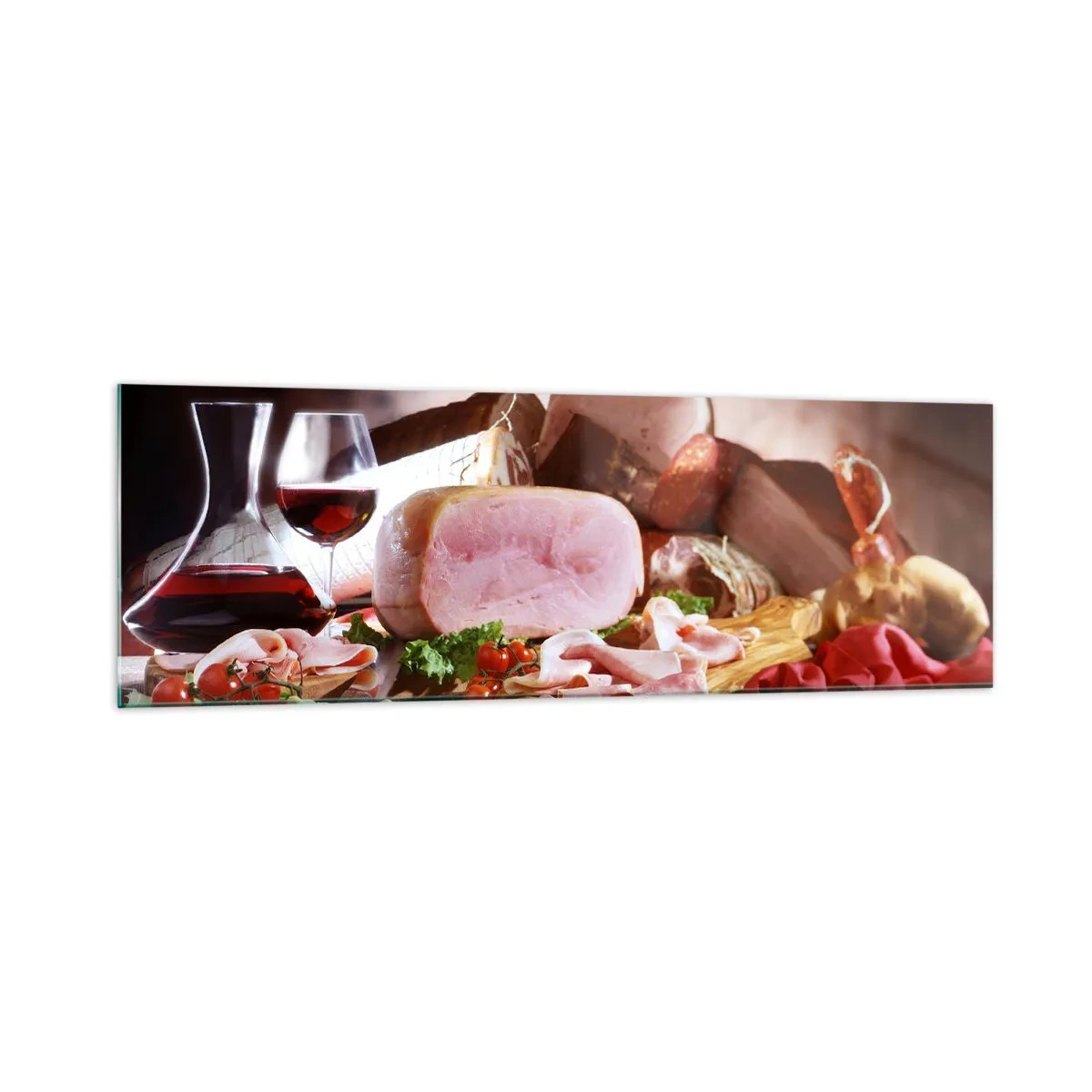 Impression sur verre - Image sur verre - Charcuterie au vin sur fond rustique - 160x50cm - Un rêve culinaire avec une carafe - Décoration murale moderne pour le salon et la chambre ARTTOR