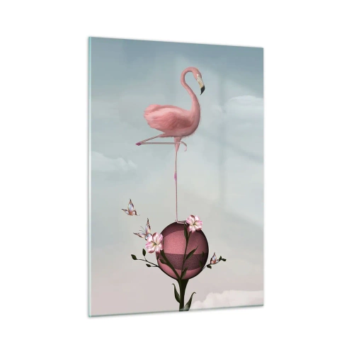 Impression sur verre - Image sur verre - Un flamant rose debout sur une boule décorative avec des fleurs et des papillons. - 50x70cm - Allégorie du basket-ball - Décoration murale moderne pour le salon et la chambre ARTTOR