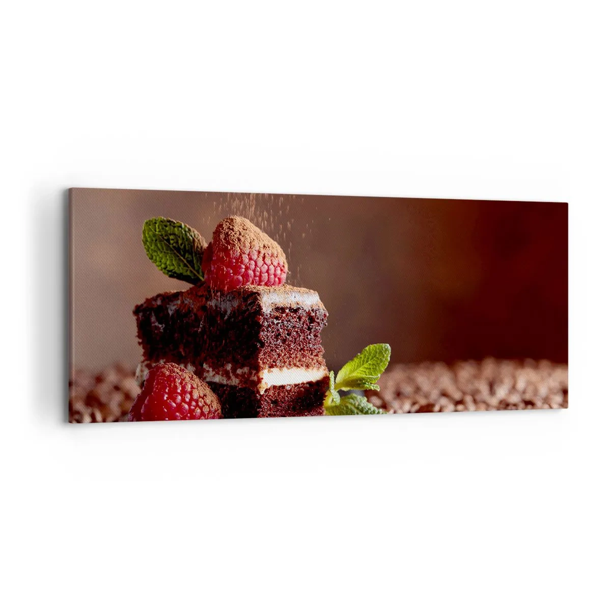Impression sur toile - Image sur toile - Gâteau au chocolat aux framboises et à la menthe sur fond de fèves de cacao - 120x50cm - La vie est douce - Décoration murale moderne pour le salon et la chambre ARTTOR