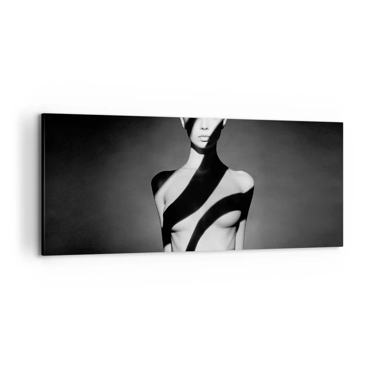 Impression sur toile - Image sur toile - Portrait noir et blanc d'une femme dans l'ombre et la lumière - 120x50cm - Dans la brillance et l'ombre - Décoration murale moderne pour le salon et la chambre ARTTOR