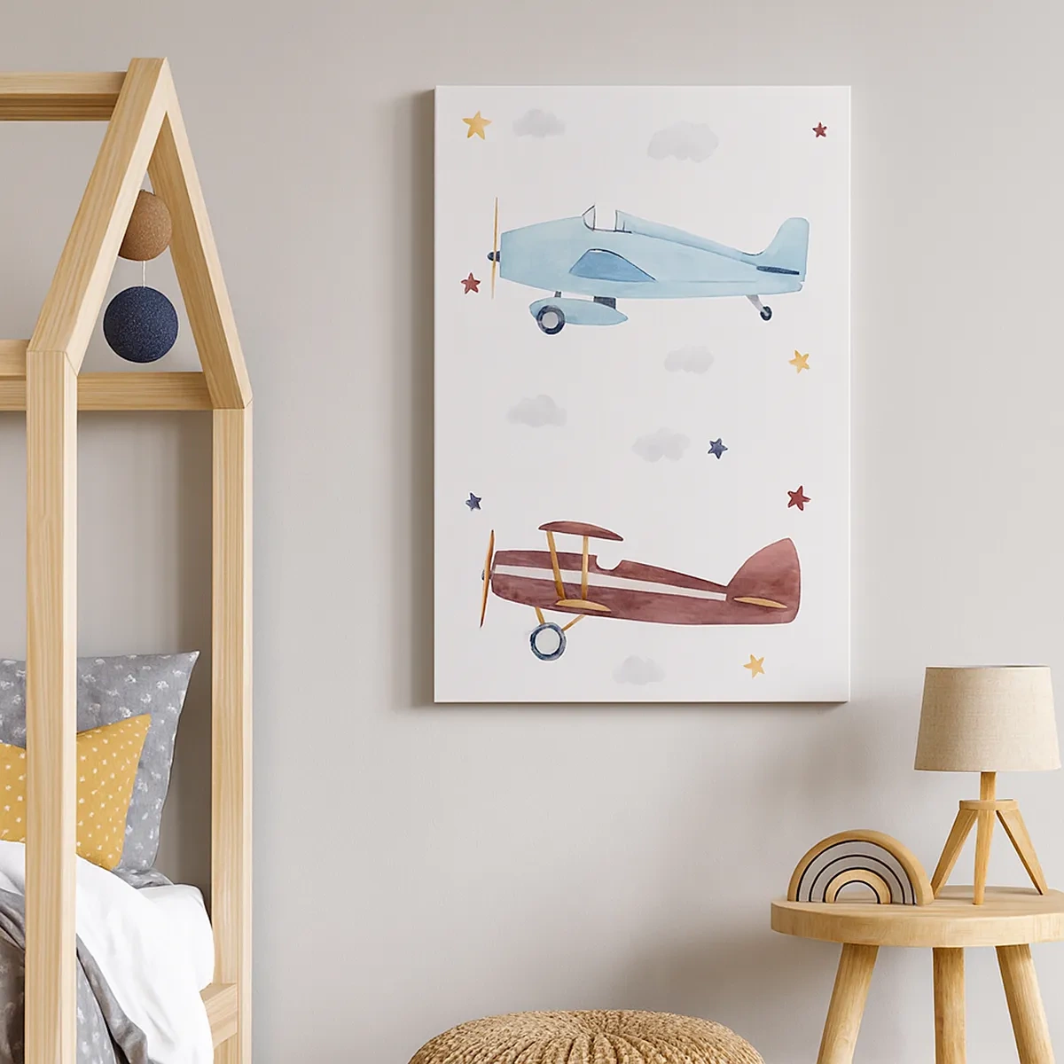 Impression sur toile - Image sur toile - Avions peints à la main sur fond de nuages et d'étoiles - 50x70cm - Monsieur le pilote, nous vous attendons ! - Décoration murale moderne pour le salon et la chambre ARTTOR
