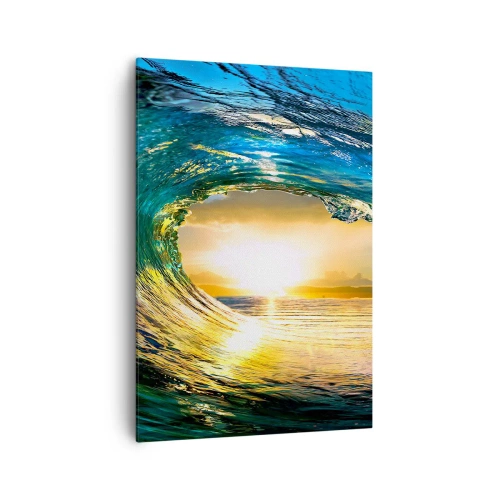 Impression sur toile - Image sur toile - Vague de l'océan au soleil avec vue sur l'horizon - 70x100cm - Dans un éclat émeraude-or - Décoration murale moderne pour le salon et la chambre ARTTOR