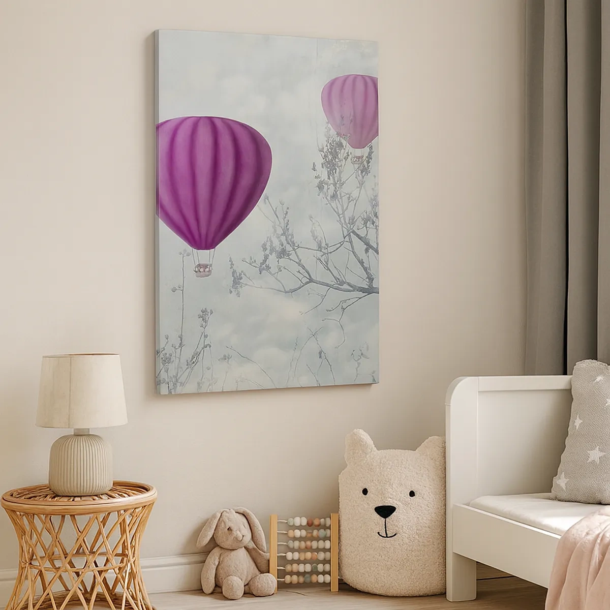 Impression sur toile - Image sur toile - Des ballons violets flottant au-dessus des arbres dans les nuages - 50x70cm - Comme des navires dans le ciel - Décoration murale moderne pour le salon et la chambre ARTTOR