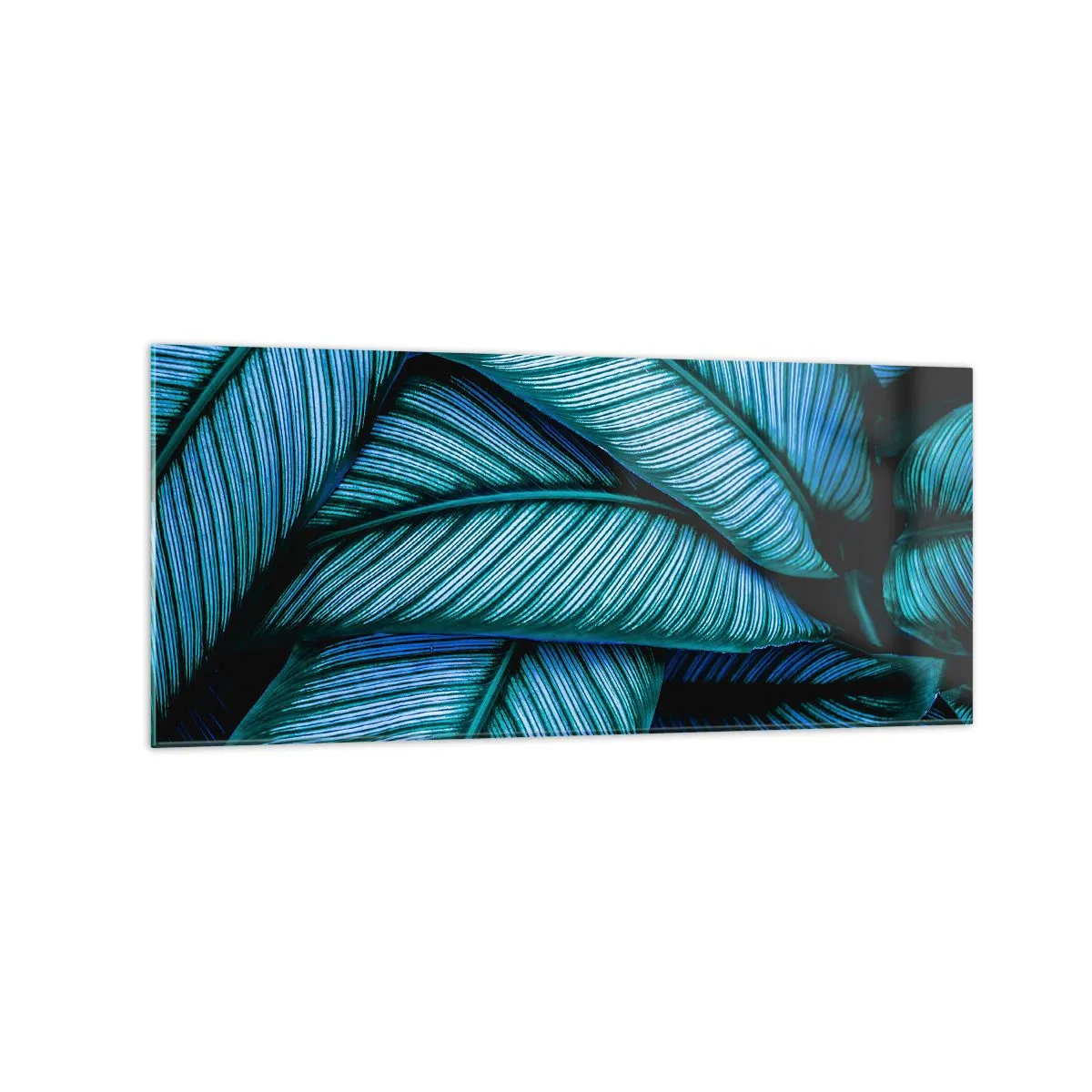 Impression sur verre - Image sur verre - Un gros plan de feuilles turquoise avec des détails vifs. - 120x50cm - Lignes de vie - Décoration murale moderne pour le salon et la chambre ARTTOR
