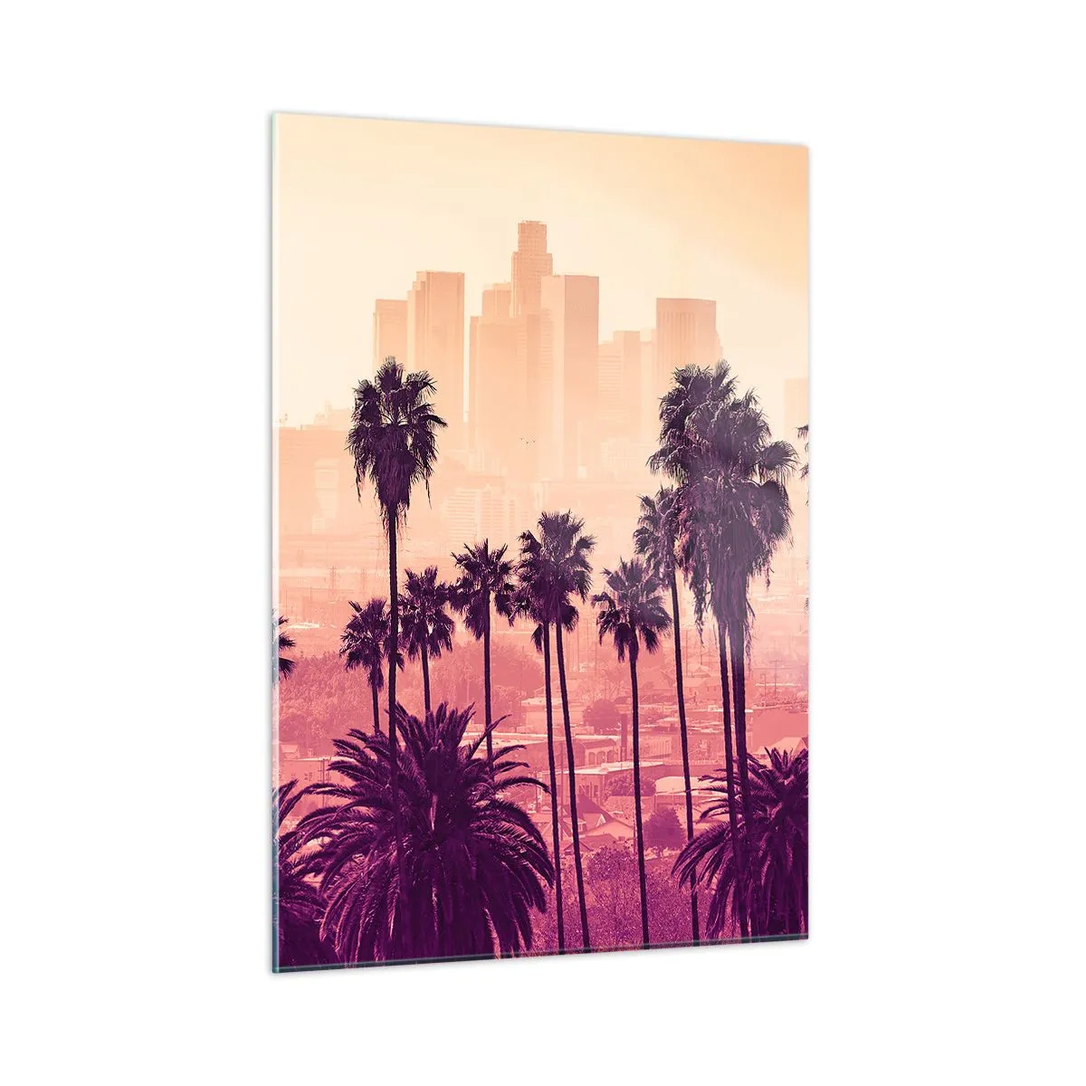 Impression sur verre - Image sur verre - Palmiers sur fond de skyline de la ville dans des tons chauds de coucher de soleil - 50x70cm - Paysage californien - Décoration murale moderne pour le salon et la chambre ARTTOR
