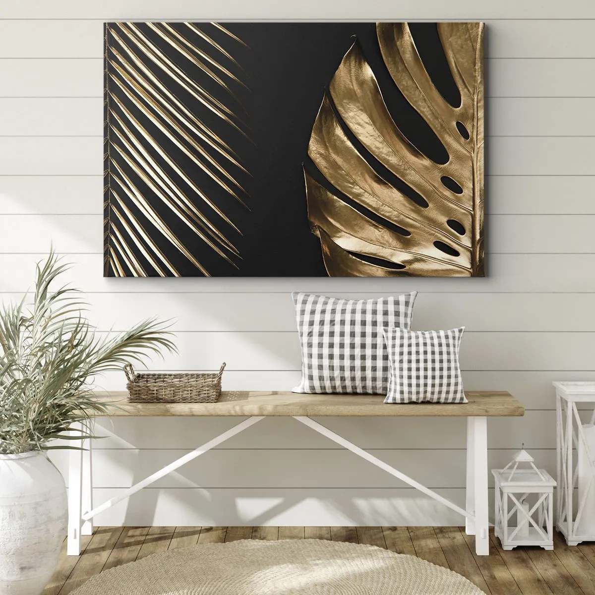 Impression sur toile - Image sur toile - Feuilles dorées sur fond noir - 70x50cm - Différent et tout aussi cher - Décoration murale moderne pour le salon et la chambre ARTTOR