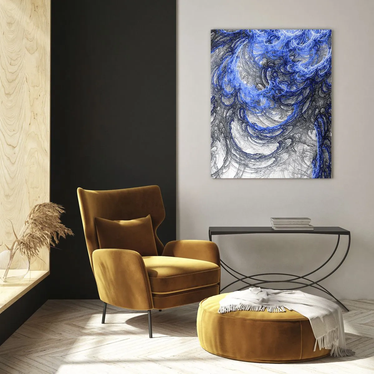Impression sur verre - Image sur verre - Abstraction dynamique dans les tons de bleu et de gris - 50x70cm - La naissance d'une vague - Décoration murale moderne pour le salon et la chambre ARTTOR