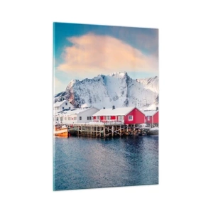 Impression sur verre - Image sur verre - Chalets de pêcheurs rouges sur le fjord avec les montagnes en arrière-plan - 50x70cm - Retraite dans le nord - Décoration murale moderne pour le salon et la chambre ARTTOR