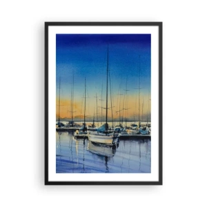 Affiche dans un cadre noir - Poster - Une scène picturale de voiliers dans un port au coucher du soleil - 50x70cm - Fin d'une belle journée - Décoration murale moderne pour le salon et la chambre ARTTOR