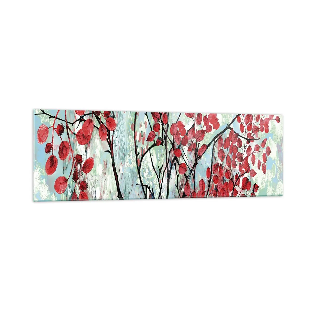 Impression sur verre - Image sur verre - Feuilles rouges sur un ciel lumineux avec des motifs abstraits - 160x50cm - Arbre en écarlate - Décoration murale moderne pour le salon et la chambre ARTTOR