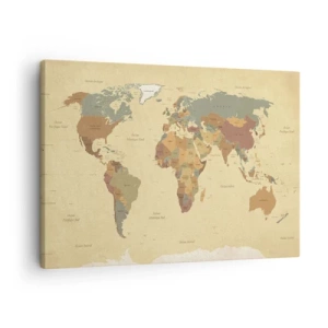 Impression sur toile - Image sur toile - Une carte du monde stylisée dans des tons de beige et de couleurs pastel. - 70x50cm - Pour vous - le monde entier - Décoration murale moderne pour le salon et la chambre ARTTOR