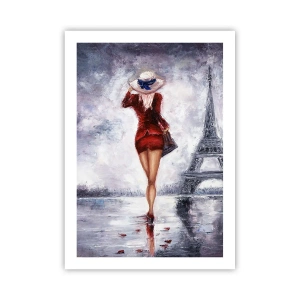 Affiche - Poster - Une femme en robe rouge marchant vers la Tour Eiffel - 50x70cm - Symbole parisien - Décoration murale moderne pour le salon et la chambre ARTTOR