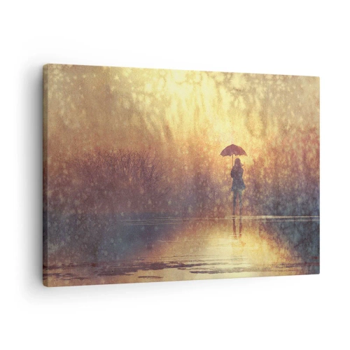 Impression sur toile - Image sur toile - Une silhouette avec un parapluie dans un paysage brumeux plein de reflets - 70x50cm - Je sens que quelqu'un me regarde - Décoration murale moderne pour le salon et la chambre ARTTOR