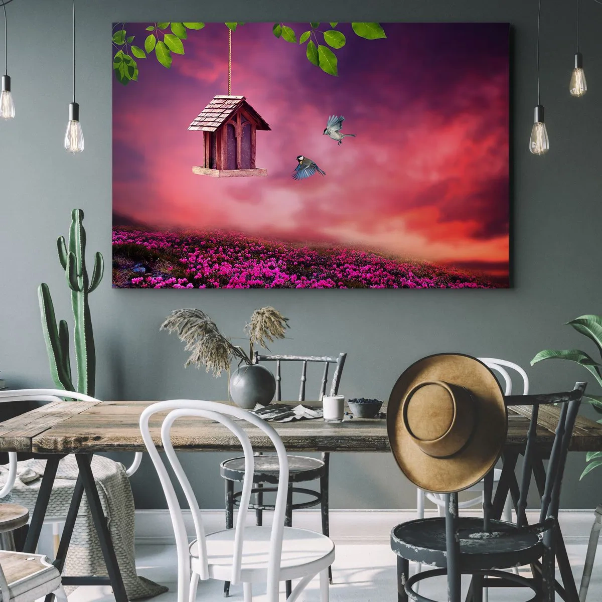 Impression sur toile - Image sur toile - Un paysage pittoresque avec un nichoir et un coucher de soleil - 100x70cm - Invitation à dîner - Décoration murale moderne pour le salon et la chambre ARTTOR