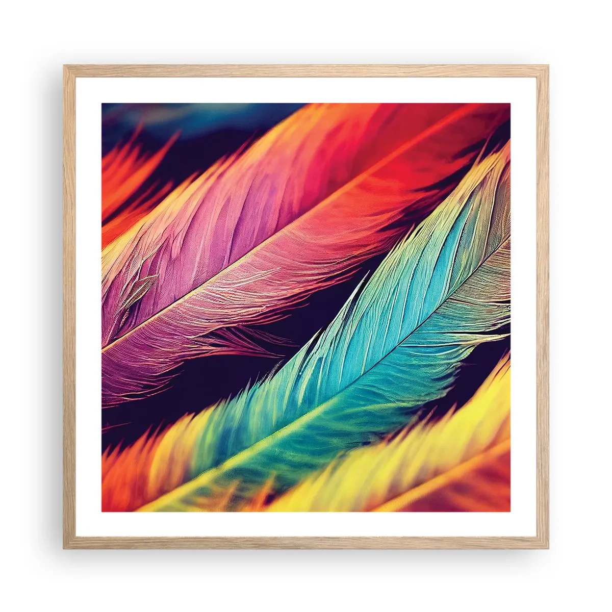 Affiche dans un chêne clair - Poster - Arc-en-ciel de plumes - 60x60 cm