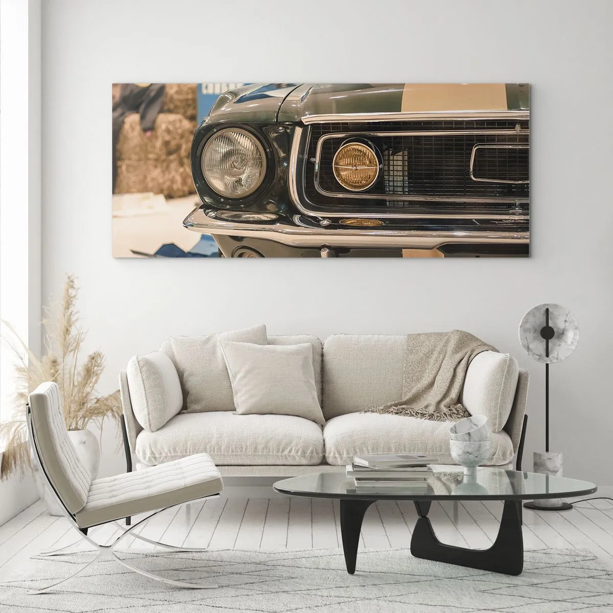 Impression sur verre - Image sur verre - Une voiture rétro emblématique dans un cadre classique - 120x50cm - Rencontre avec une légende - Décoration murale moderne pour le salon et la chambre ARTTOR