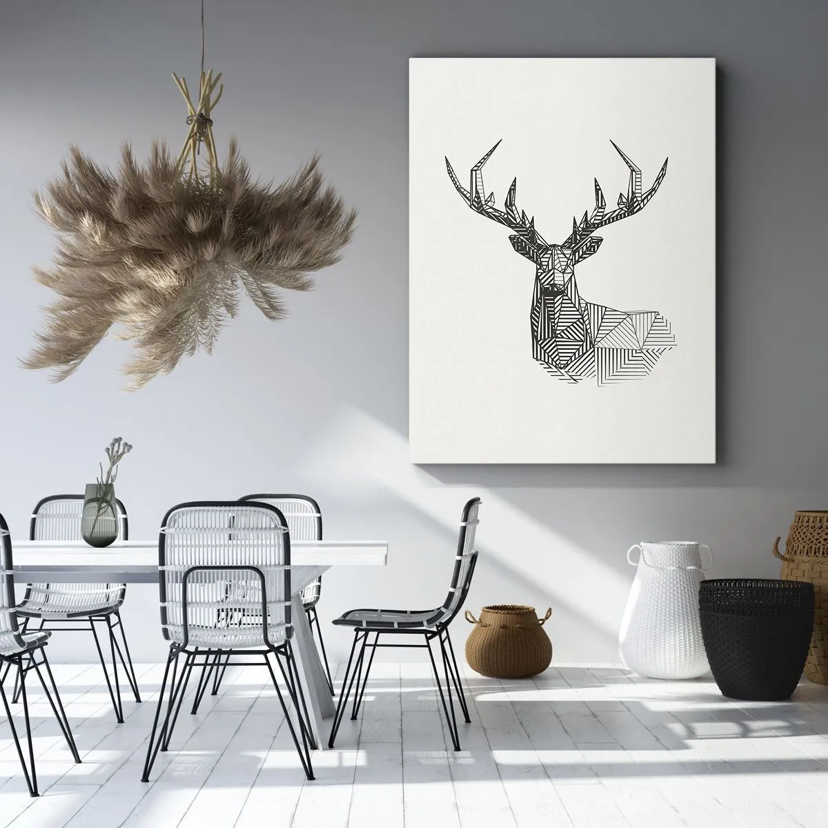 Impression sur toile - Image sur toile - Image géométrique d'un cerf dans un style minimaliste en noir et blanc - 50x70cm - Cerf dans un style cubique - Décoration murale moderne pour le salon et la chambre ARTTOR