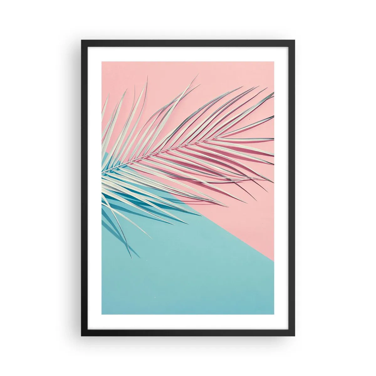 Affiche dans un cadre noir - Poster - Un palmier sur un fond de couleurs rose pastel et bleu - 50x70cm - Impression tropicale - Décoration murale moderne pour le salon et la chambre ARTTOR