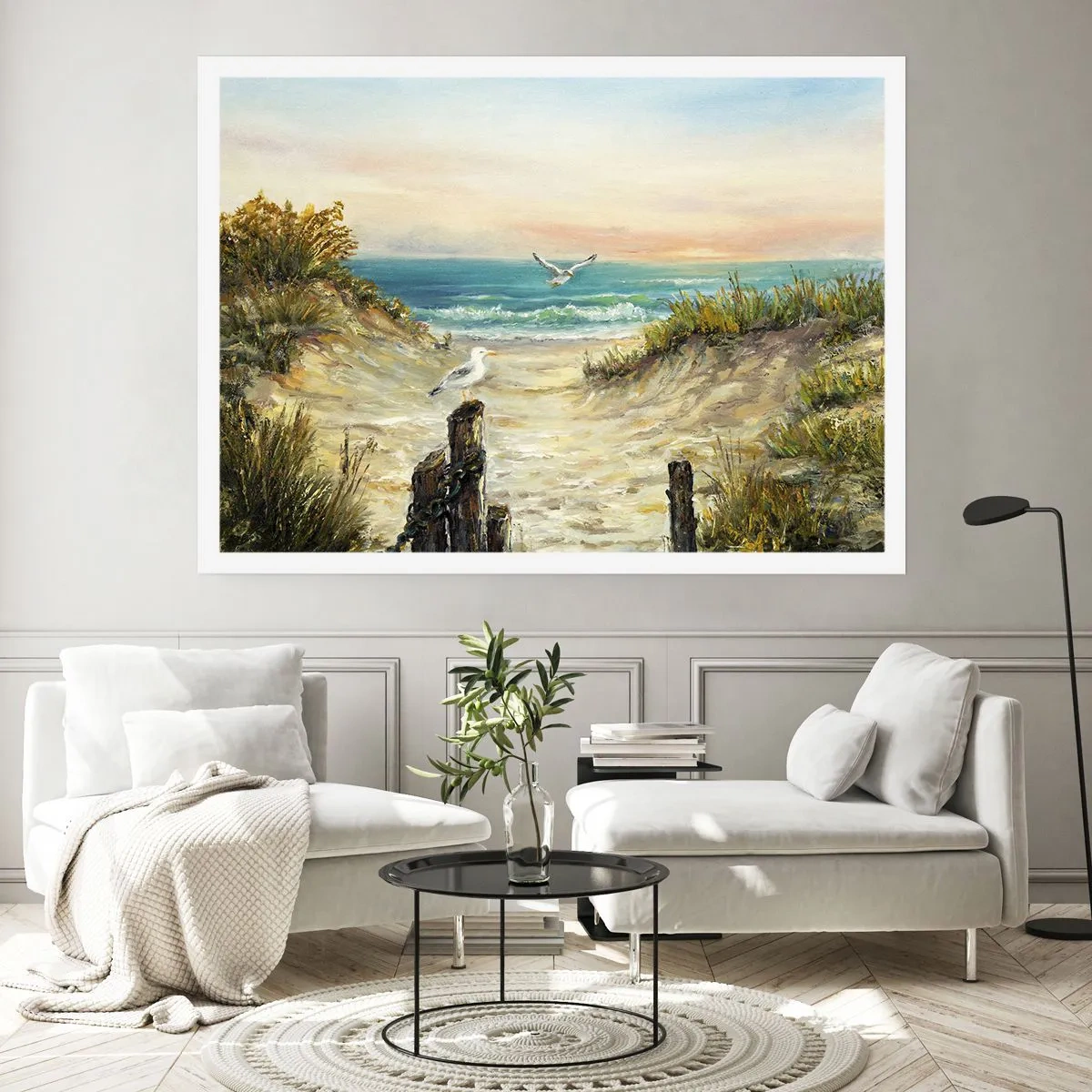 Affiche - Poster - Côte avec mouettes et dunes au coucher du soleil - 100x70cm - Retraite au calme - Décoration murale moderne pour le salon et la chambre ARTTOR