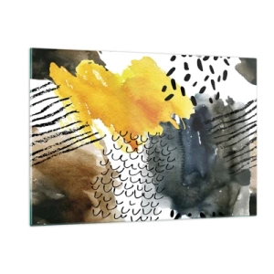 Impression sur verre - Image sur verre - Une composition abstraite avec des taches et des lignes aux couleurs terreuses. - 120x80cm - Rencontre des éléments - Décoration murale moderne pour le salon et la chambre ARTTOR