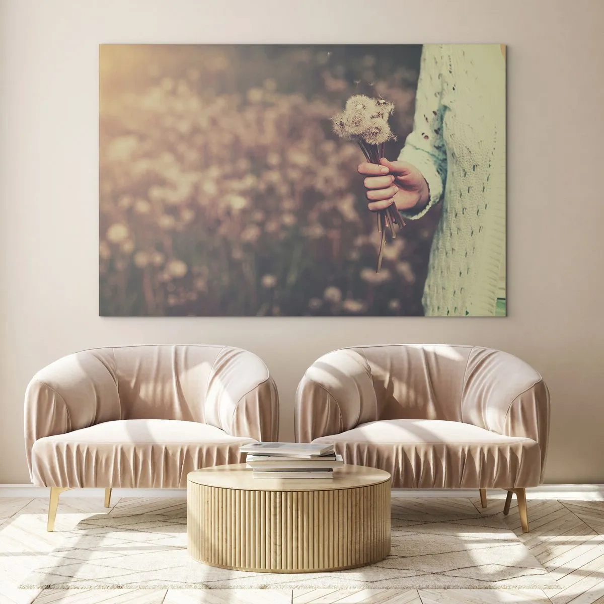 Impression sur verre - Image sur verre - Une main tenant un bouquet de pissenlits sur un champ flou - 70x50cm - Merci de les garder - Décoration murale moderne pour le salon et la chambre ARTTOR