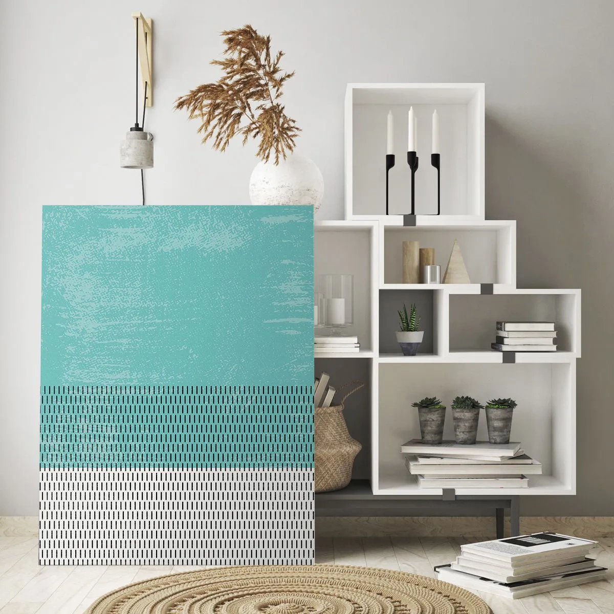 Impression sur verre - Image sur verre - Composition géométrique avec turquoise et lignes - 80x120cm - Composition équilibrée - Décoration murale moderne pour le salon et la chambre ARTTOR