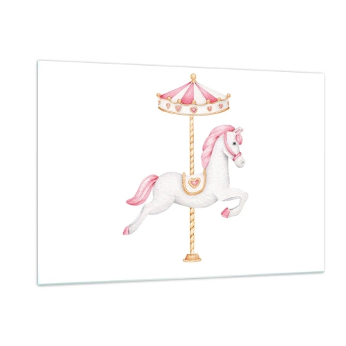 Impression sur verre - Image sur verre - Cheval de carrousel rose et blanc sur fond blanc - 120x80cm - Les sabots en avant - Décoration murale moderne pour le salon et la chambre ARTTOR