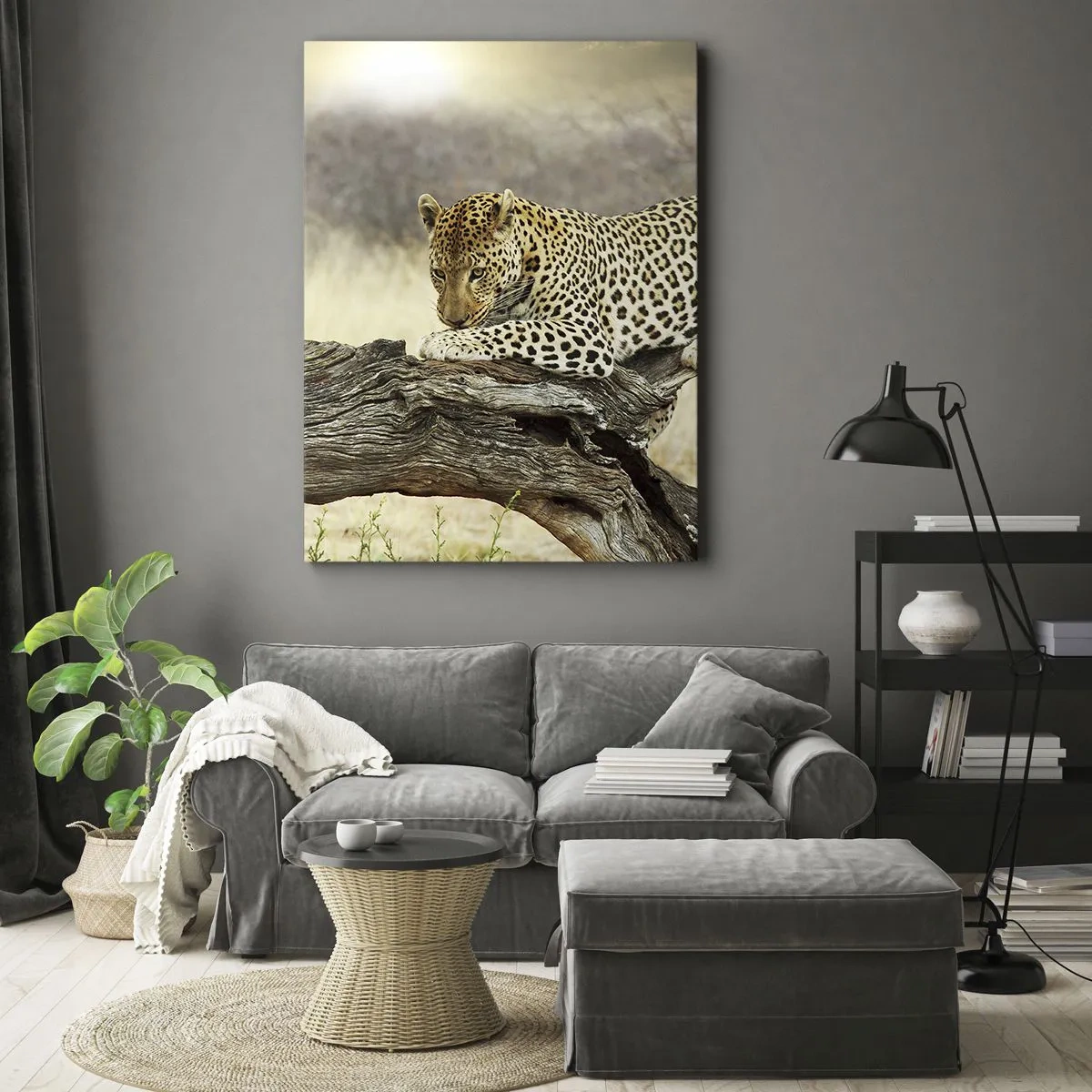 Impression sur toile - Image sur toile - Un léopard se reposant sur un tronc d'arbre dans la savane - 50x70cm - Je suis ma propre route - Décoration murale moderne pour le salon et la chambre ARTTOR