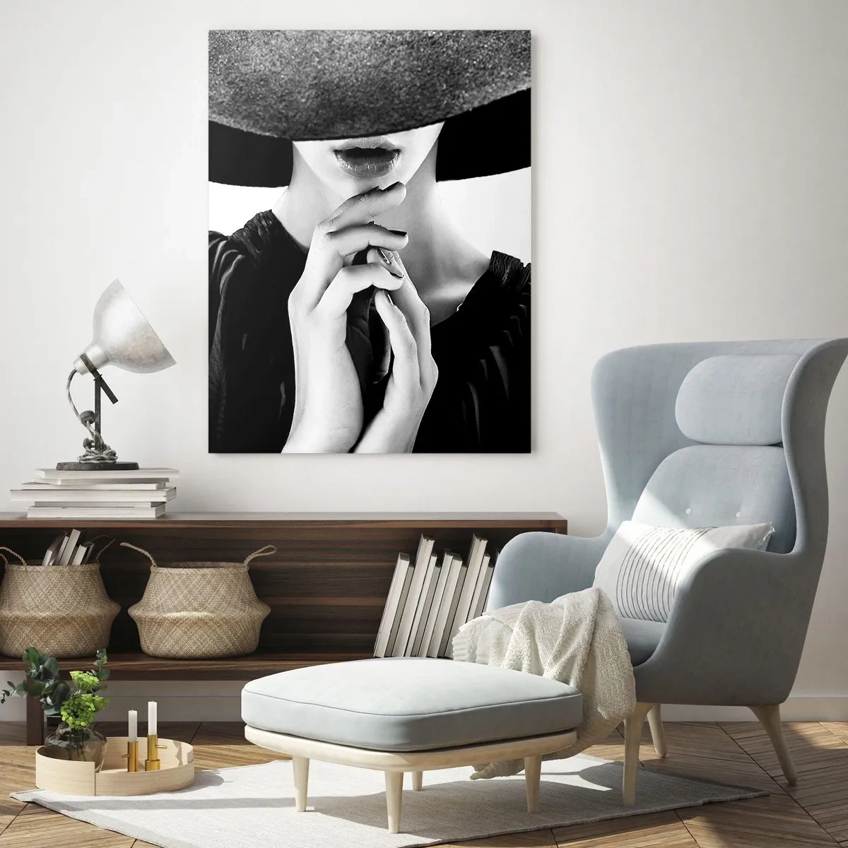 Impression sur verre - Image sur verre - Femme élégante en noir avec un chapeau couvrant son visage - 50x70cm - Beauté cachée - Décoration murale moderne pour le salon et la chambre ARTTOR