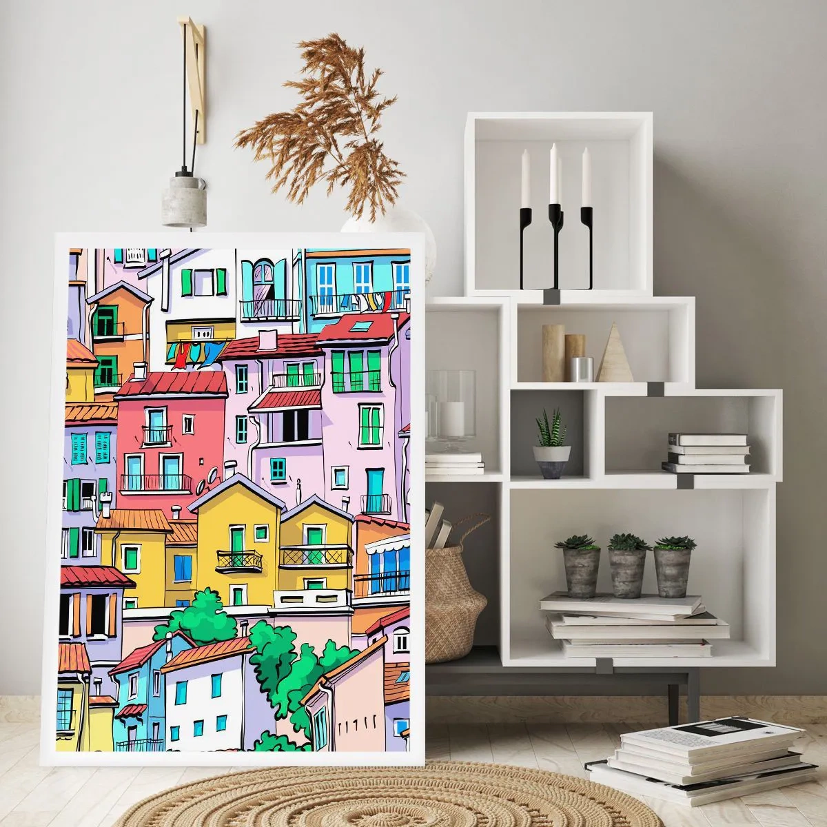 Affiche - Poster - Maisons colorées dans un style illustratif - 50x70cm - Ville joyeuse - Décoration murale moderne pour le salon et la chambre ARTTOR