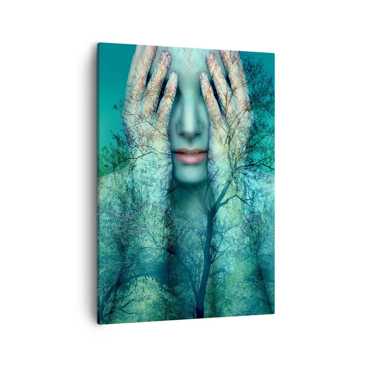 Impression sur toile - Image sur toile - Une figure de femme avec un motif d'arbre sur un fond de paysage turquoise - 50x70cm - immergé dans l'azur - Décoration murale moderne pour le salon et la chambre ARTTOR