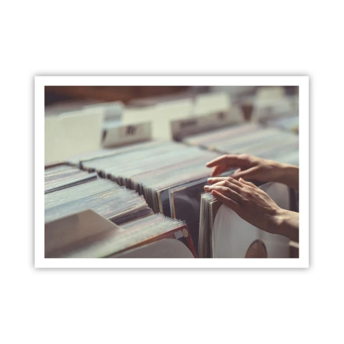 Affiche - Poster - Mains regardant à travers une collection de vinyles - 100x70cm - A la recherche d'émotions - Décoration murale moderne pour le salon et la chambre ARTTOR