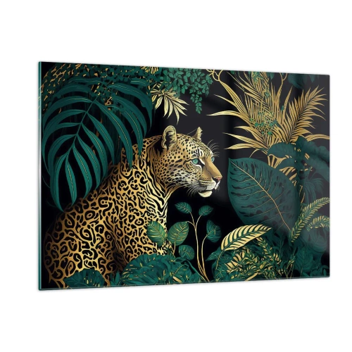 Impression sur verre - Image sur verre - Un léopard parmi des feuilles tropicales sur un fond sombre - 120x80cm - Un hôte dans la jungle - Décoration murale moderne pour le salon et la chambre ARTTOR
