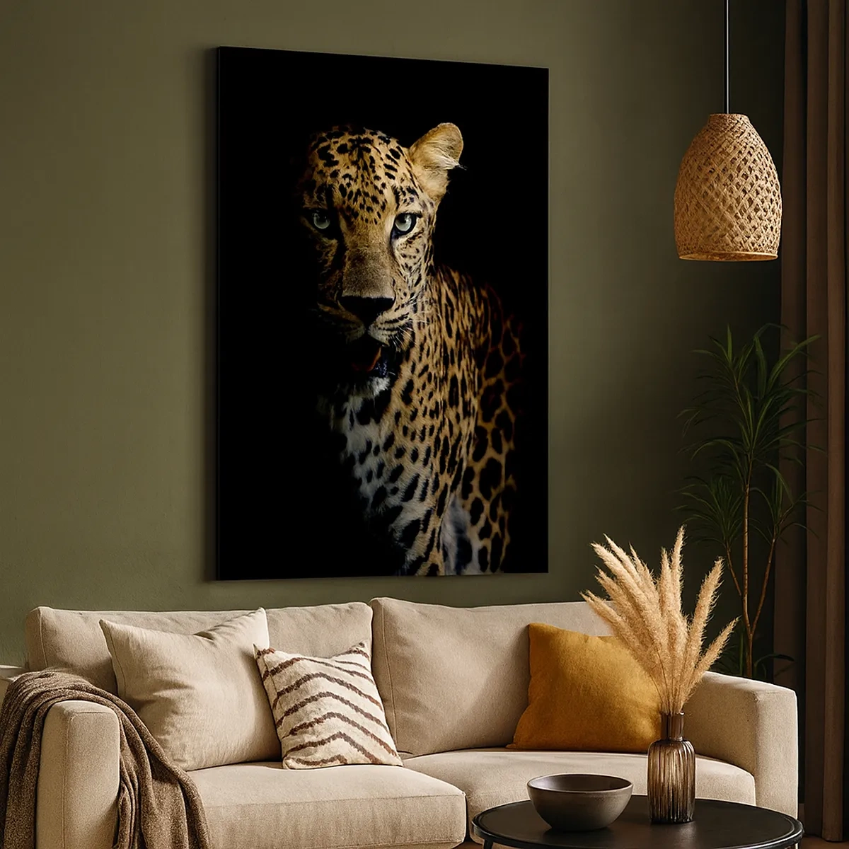 Impression sur toile - Image sur toile - Un léopard sur fond sombre avec un regard intense - 50x70cm - Beauté sombre - Décoration murale moderne pour le salon et la chambre ARTTOR