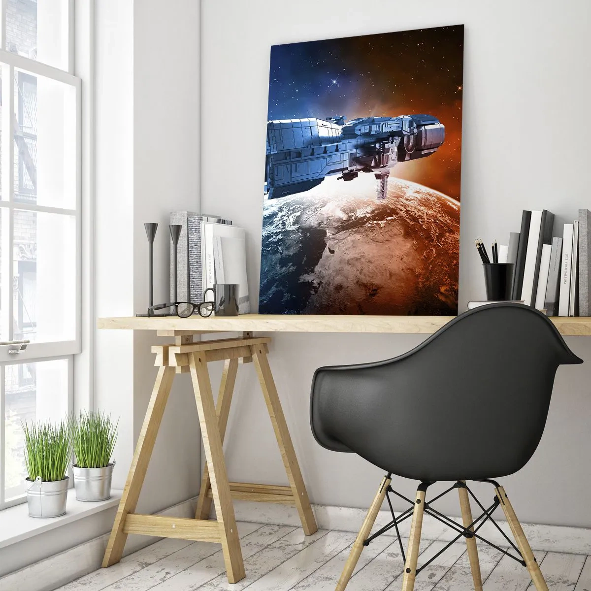Impression sur verre - Image sur verre - Un vaisseau spatial en orbite autour d'une planète à la lumière des étoiles - 50x70cm - Un observateur attentif - Décoration murale moderne pour le salon et la chambre ARTTOR