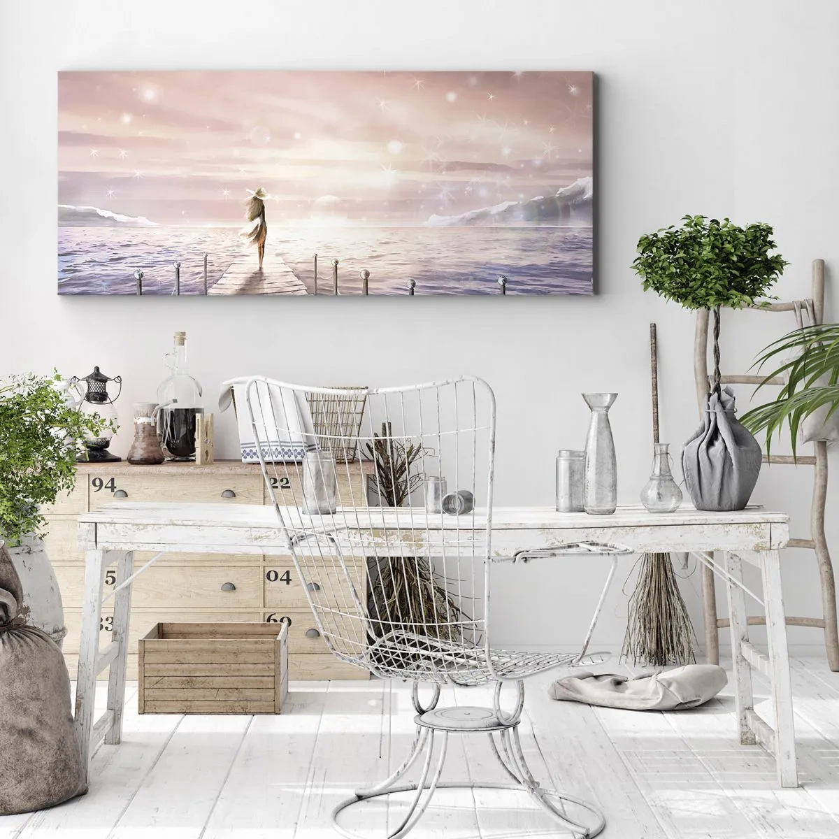 Impression sur toile - Image sur toile - Une femme sur une jetée dans un décor de coucher de soleil magique - 120x50cm - A la lumière d'un rêve - Décoration murale moderne pour le salon et la chambre ARTTOR