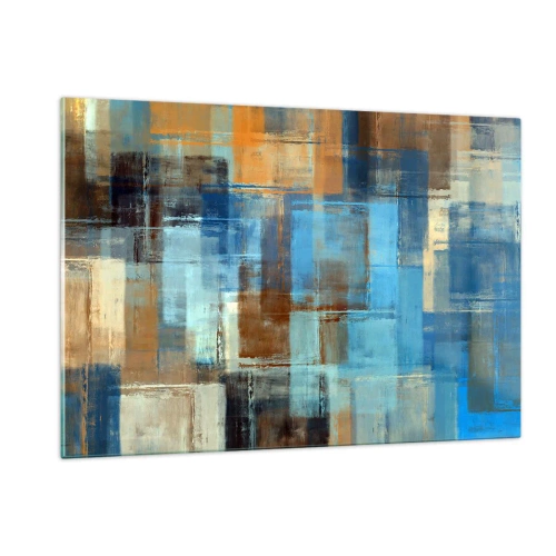 Impression sur verre - Image sur verre - Composition géométrique abstraite dans les tons de bleu et de marron - 120x80cm - A travers le voile bleu - Décoration murale moderne pour le salon et la chambre ARTTOR