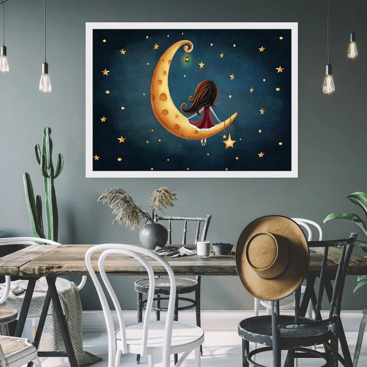 Affiche - Poster - Une fille sur la lune entourée d'étoiles - 100x70cm - Il était une fois... - Décoration murale moderne pour le salon et la chambre ARTTOR