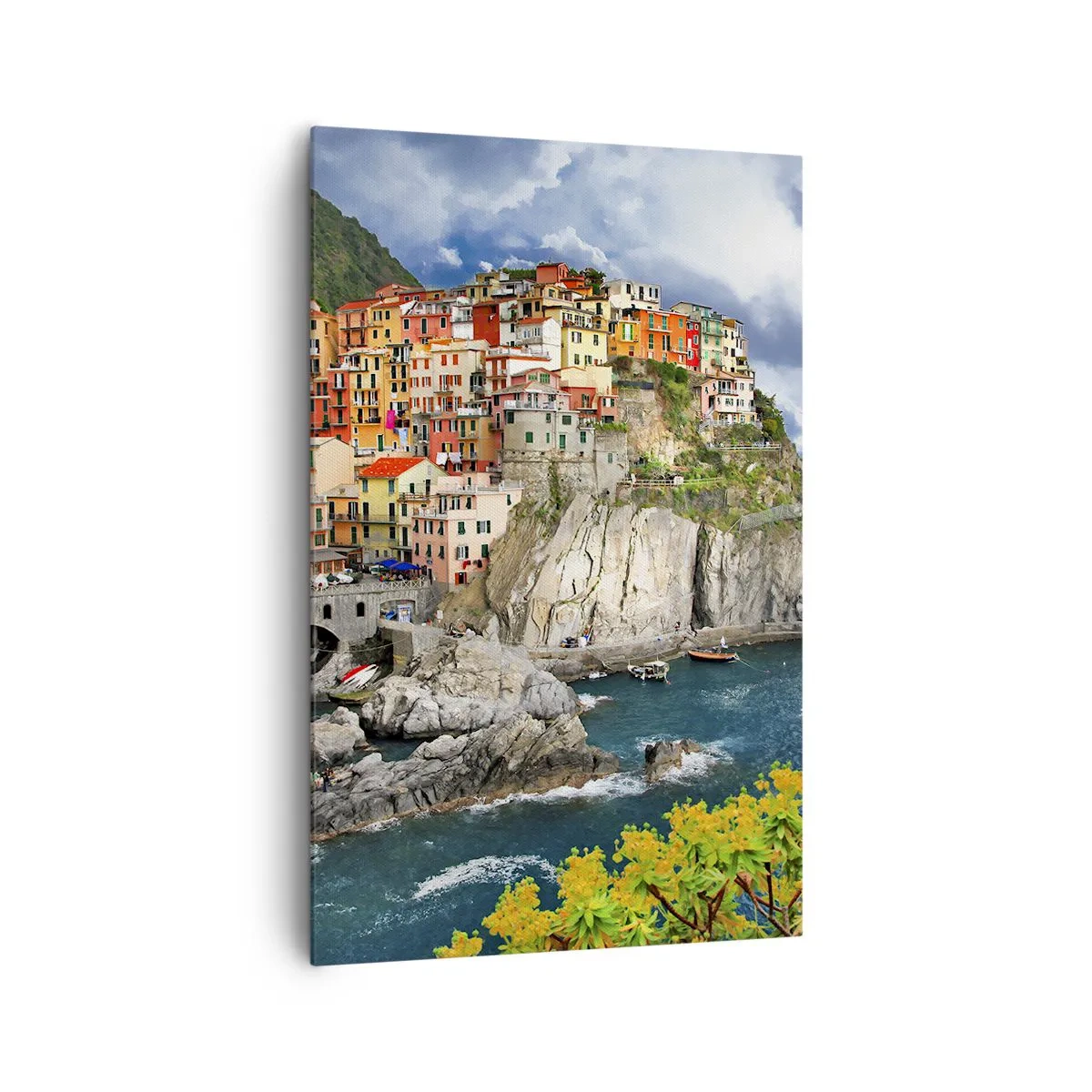 Impression sur toile - Image sur toile - Maisons colorées sur une falaise surplombant la mer aux Cinque Terre - 80x120cm - Un groupe embrassant les rochers - Décoration murale moderne pour le salon et la chambre ARTTOR