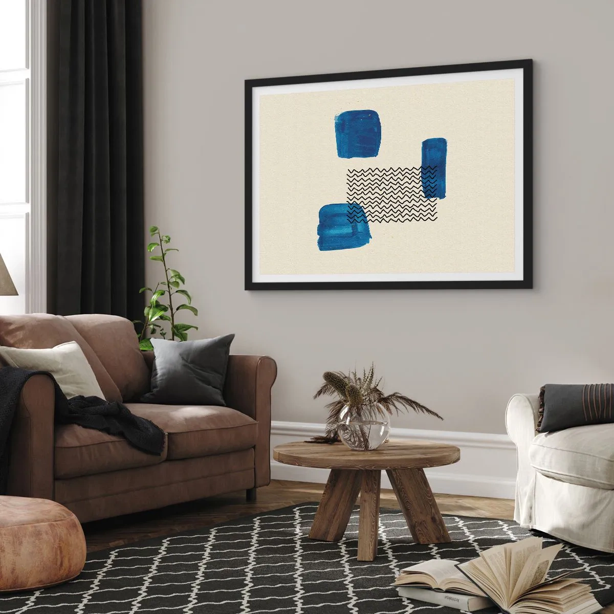 Affiche dans un cadre noir - Poster - Composition abstraite avec des taches bleues et des lignes ondulées - 70x50cm - Quatuor abstrait - Décoration murale moderne pour le salon et la chambre ARTTOR