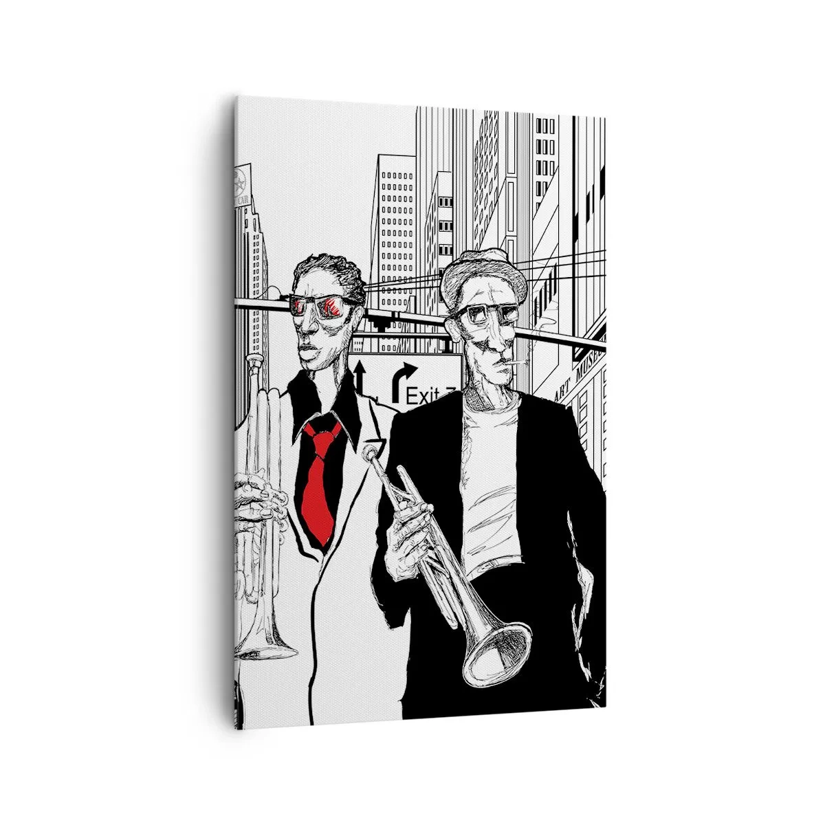 Impression sur toile - Image sur toile - Illustration de musiciens de jazz sur fond urbain - 80x120cm - Rhapsodie urbaine en noir et rouge - Décoration murale moderne pour le salon et la chambre ARTTOR