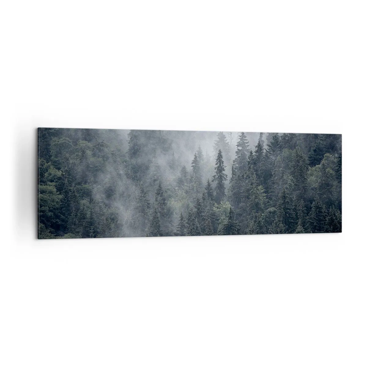 Impression sur toile - Image sur toile - Forêt de conifères brumeuse aux tons gris et verts - 160x50cm - Aube de la forêt - Décoration murale moderne pour le salon et la chambre ARTTOR