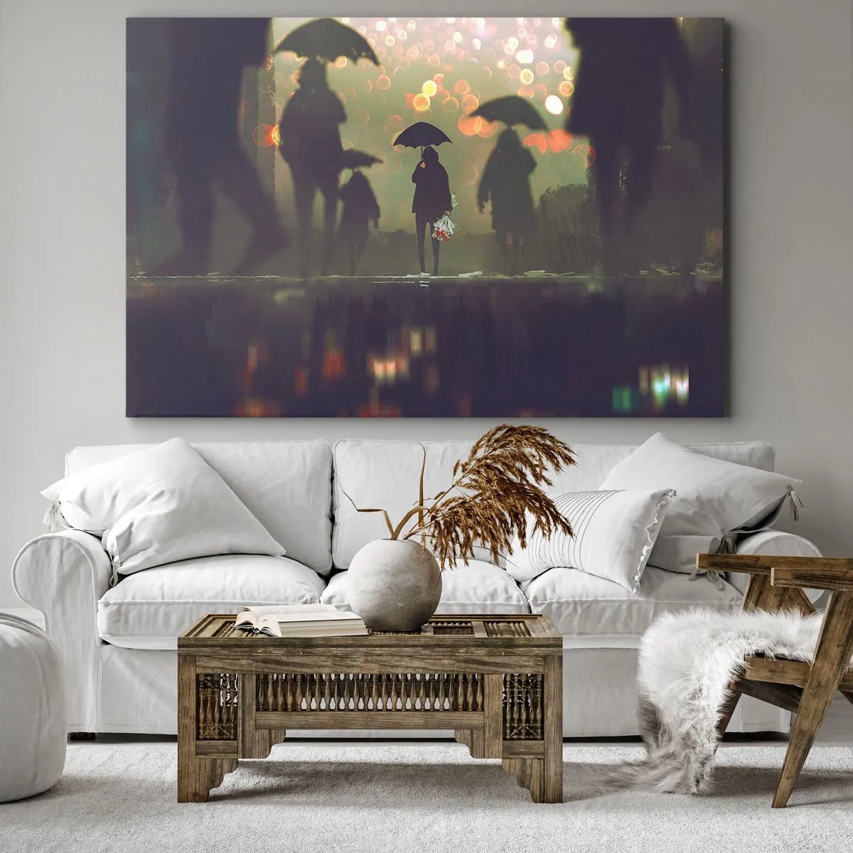 Impression sur toile - Image sur toile - Une silhouette avec un parapluie un soir pluvieux parmi les lumières de la ville - 70x50cm - Du point de vue d'une goutte de pluie - Décoration murale moderne pour le salon et la chambre ARTTOR