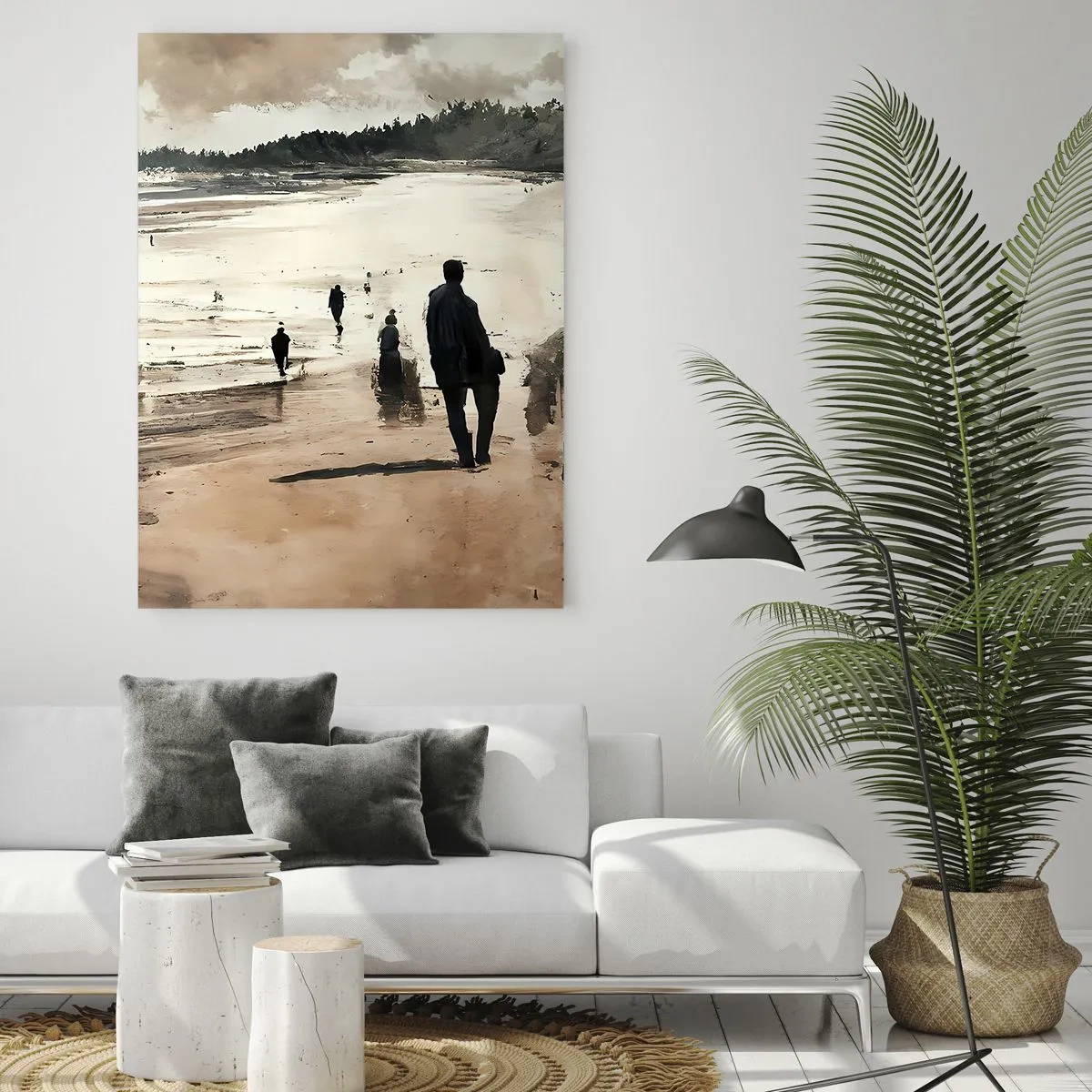 Impression sur verre - Image sur verre - Silhouettes marchant sur une large plage sous un ciel nuageux - 50x70cm - Invoqué - Décoration murale moderne pour le salon et la chambre ARTTOR