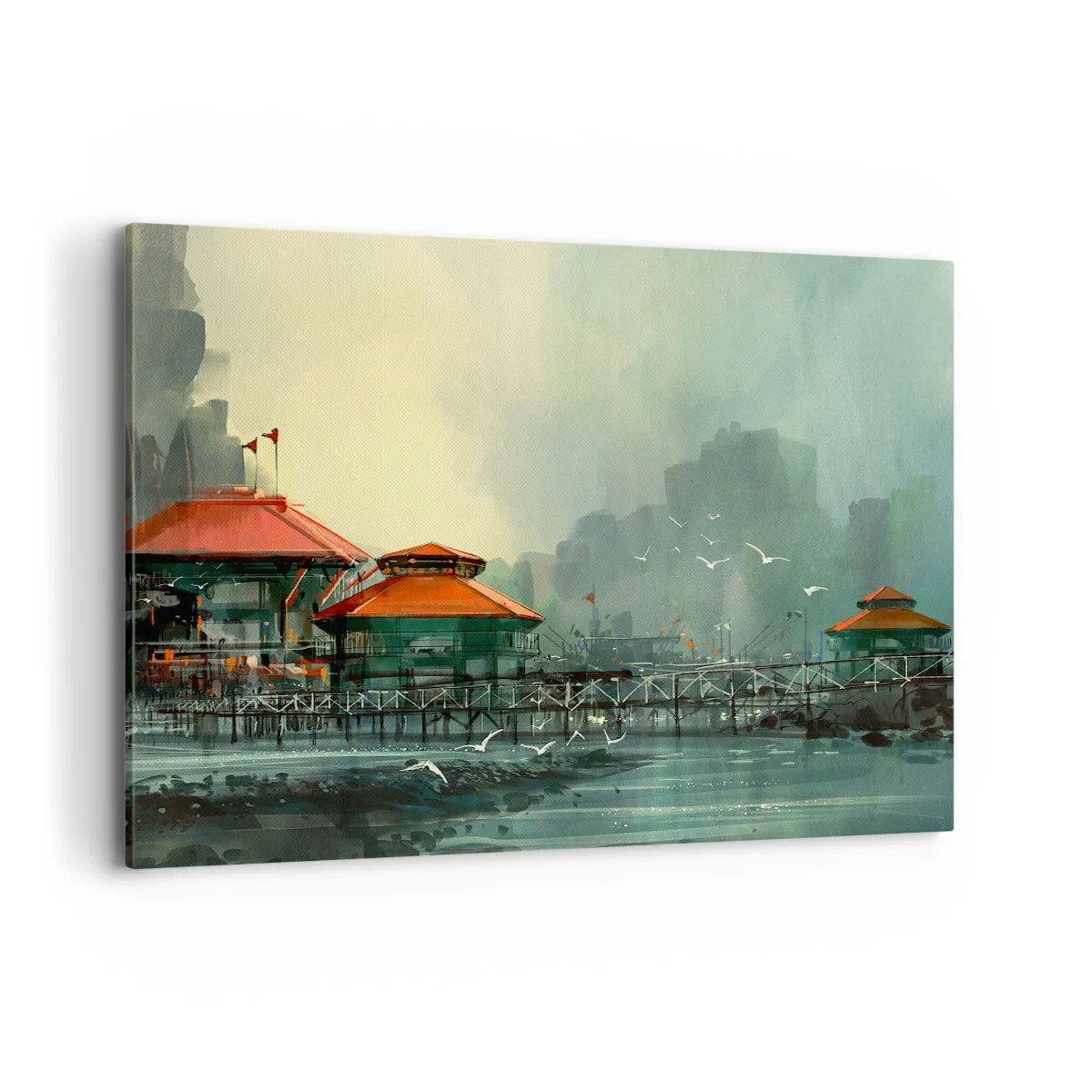 Impression sur toile - Image sur toile - Bâtiments portuaires dans un paysage pluvieux avec des mouettes - 120x80cm - Une journée ensoleillée au port - Décoration murale moderne pour le salon et la chambre ARTTOR