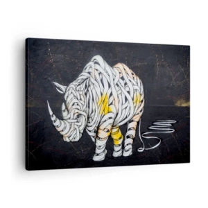 Impression sur toile - Image sur toile - Un rhinocéros sculpté avec des rayures abstraites sur un fond sombre. - 70x50cm - La peau épaisse est un mythe - Décoration murale moderne pour le salon et la chambre ARTTOR