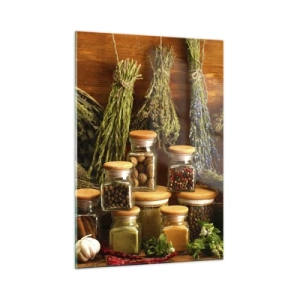 Impression sur verre - Image sur verre - Herbes et épices en pots sur fond de bois - 50x70cm - Sortilèges de cuisine - Décoration murale moderne pour le salon et la chambre ARTTOR