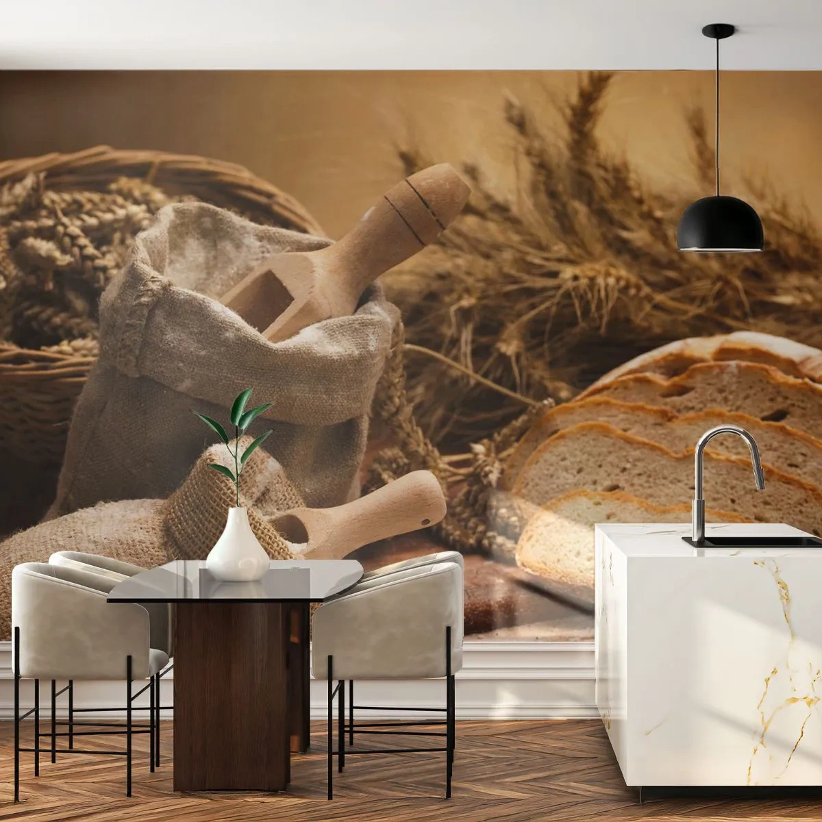 Papier Peint Photo Premium Canvas - Comment il coupe avec un couteau - La gastronomie, Pain, Pain - 300x210 cm